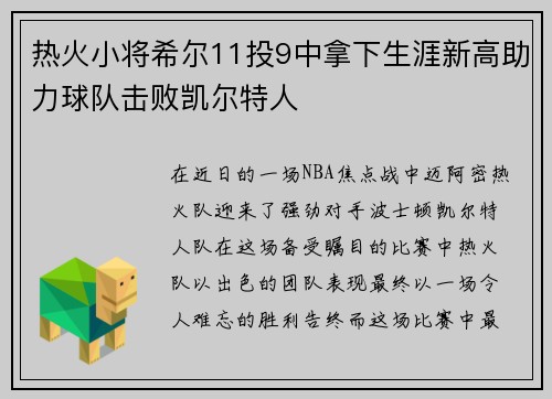 热火小将希尔11投9中拿下生涯新高助力球队击败凯尔特人
